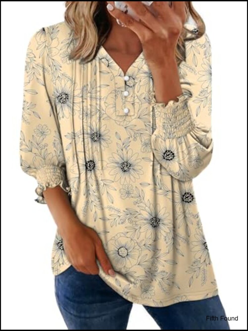 V-Neck Button Down Blouse with 3/4 Sleeve Puff Sleeves Tunic Tops for Work - Picture 2 of 6